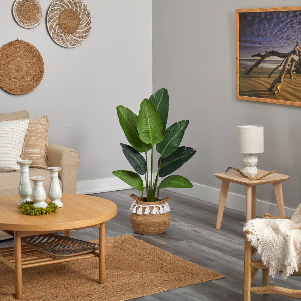 4' Travelers Palm Artificial Tree in Boho Chic Cotton Woven Planter With Tassels