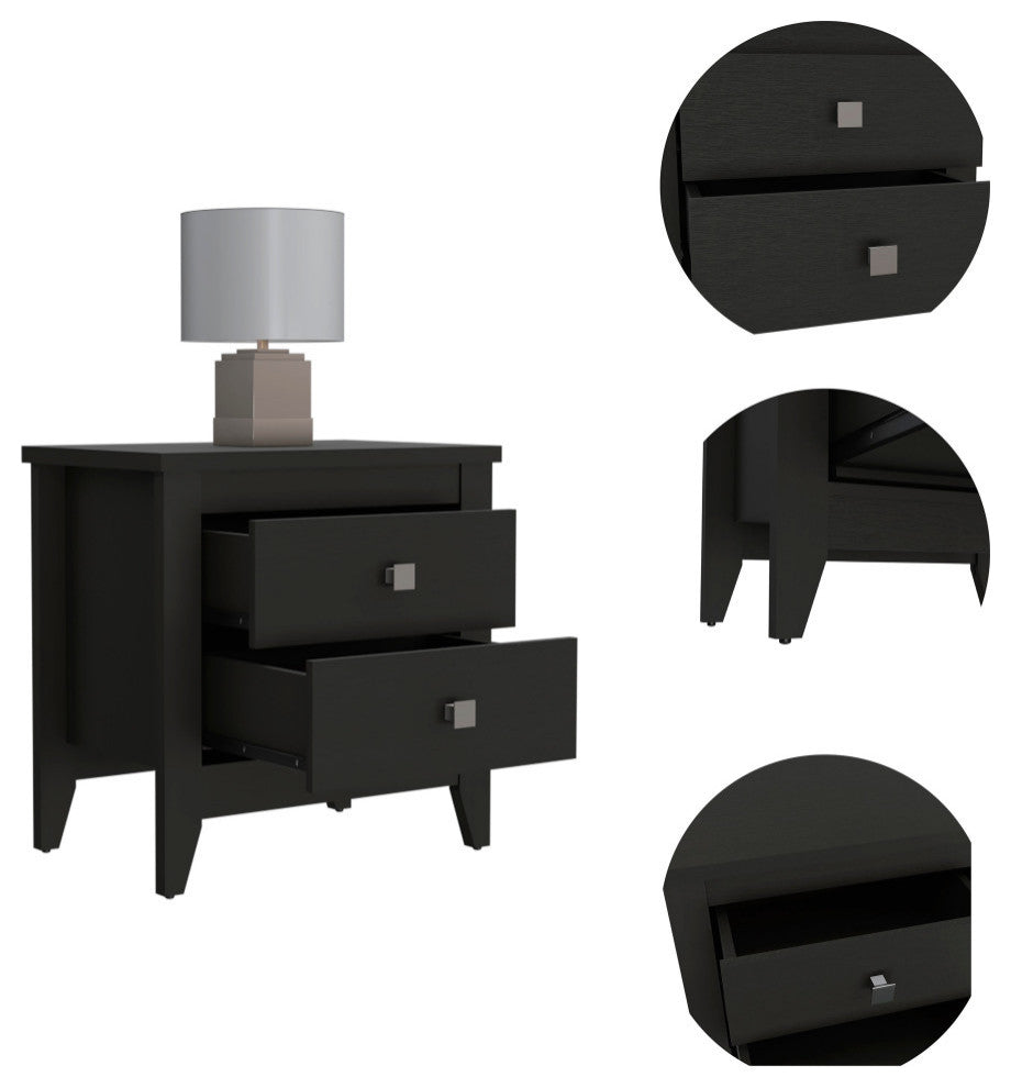 Breeze Four-Legged Modern Bedroom Nightstand, with Two Drawers - Black
