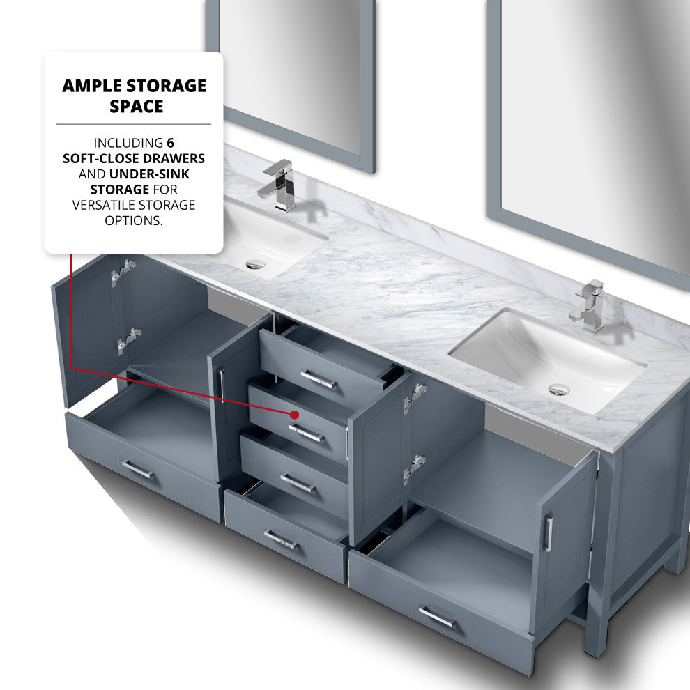 80" Dark Gray Double Vanity, White Carrara Marble Top, White Sinks, No Mirror