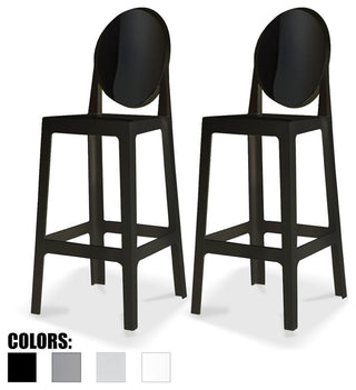 Designer Ghost Style Molded Plastic Bar Height Kitchen Stools For Dining, Black, Set of 2