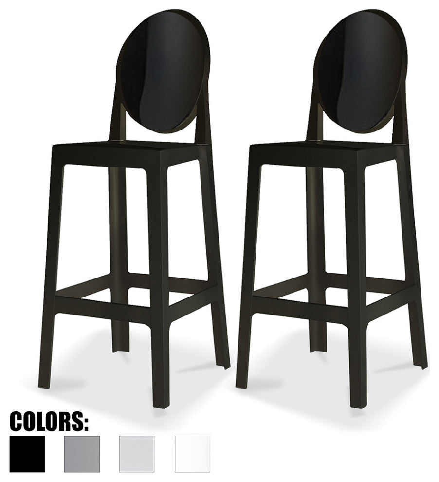 Designer Ghost Style Molded Plastic Bar Height Kitchen Stools For Dining, Black, Set of 2