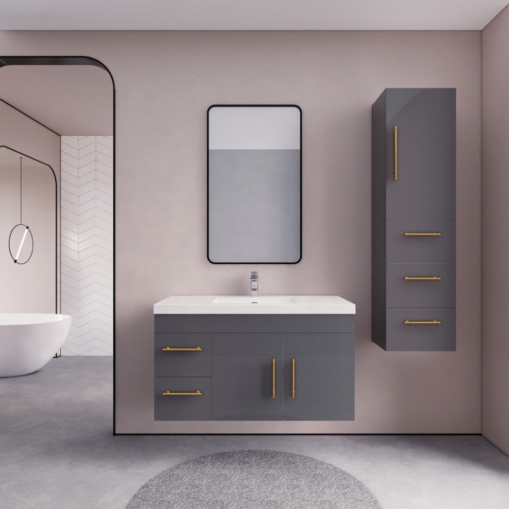 Rosa 42" Wall Mounted Modern Vanity, High Gloss Night Blue, Glossy White Top