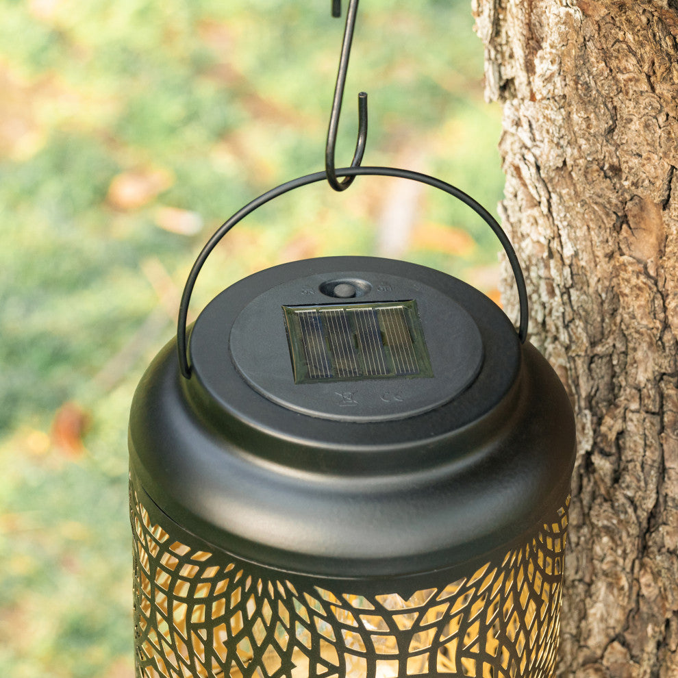 Metal Cutout Solar Powered Hanging Lantern, 2-Piece Set