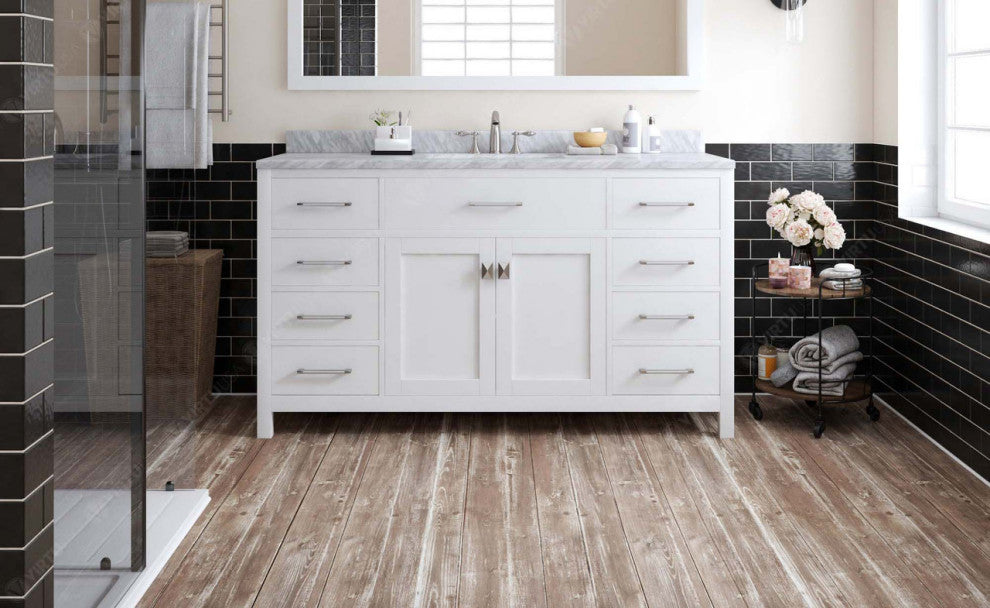 Caroline 60" Single Bath Vanity, White, White Marble Top and Square Sink