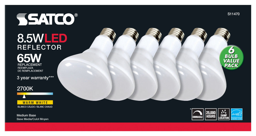 8.5W, BR30 LED, 2700K, 80 CRI, Medium Base, 120Vs, Dimmable, 6-Pack