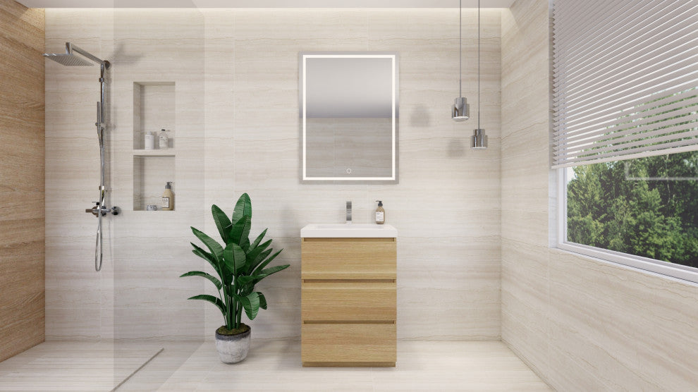 Alston 24" Free Standing Modern Vanity, White Oak, Glossy White Top