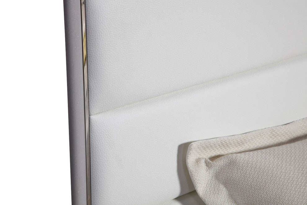 Modrest Cartier Modern White Vegan Leather + Stainless Steel Bed, Queen