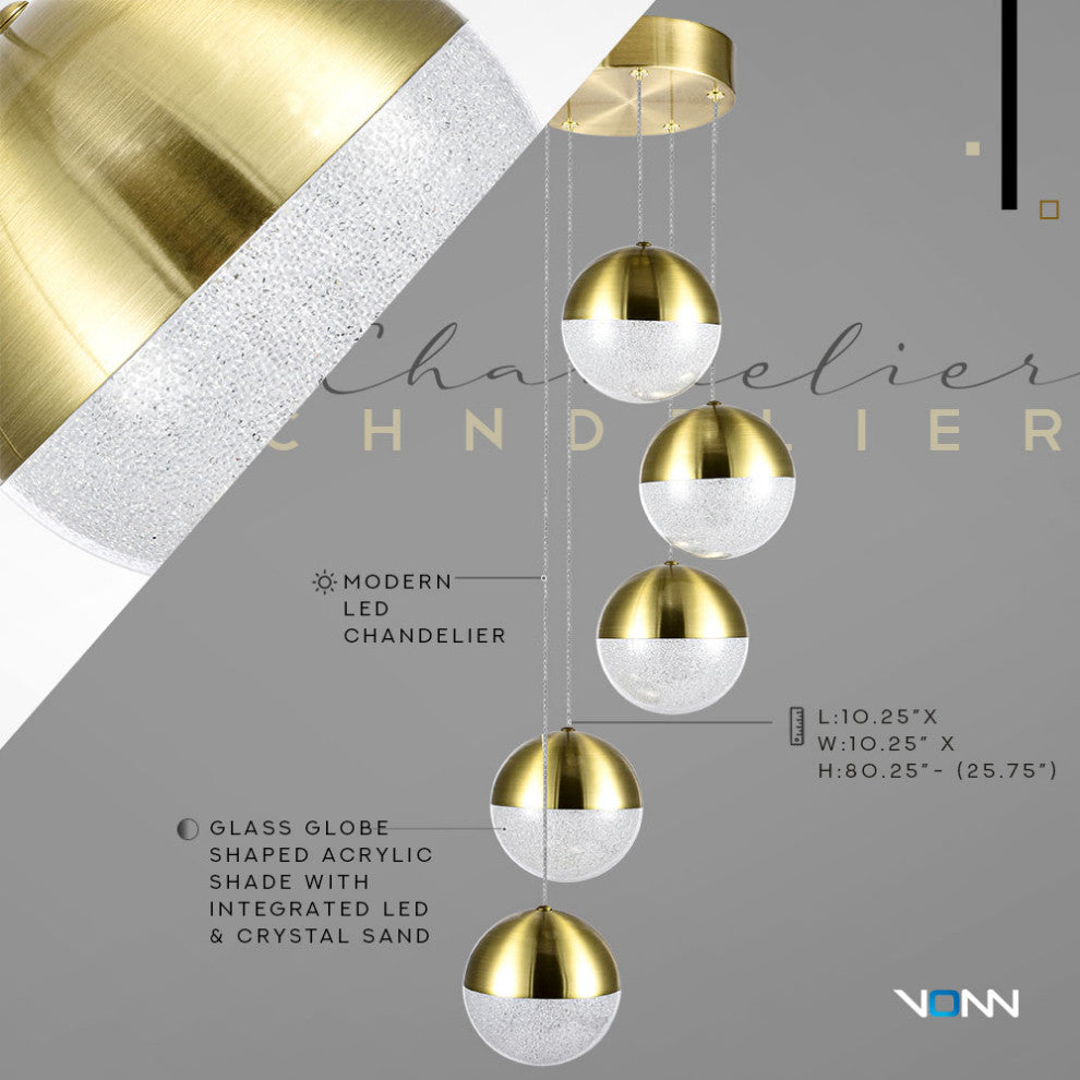 Ravello 5-Light ETL Certified Integrated LED Chandelier Lighting Fixture, Brass