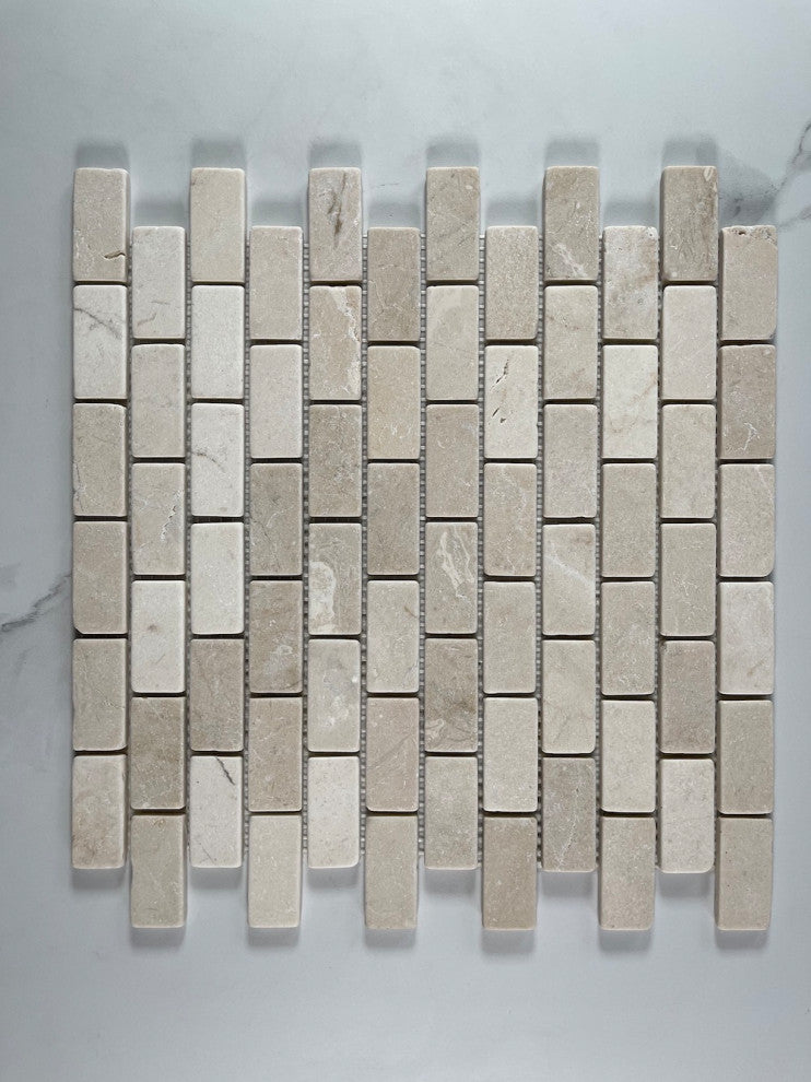 Tumbled Crema Marfil Marble 1x2 Brick Subway Antique Mosaic Tile, 1 sheet
