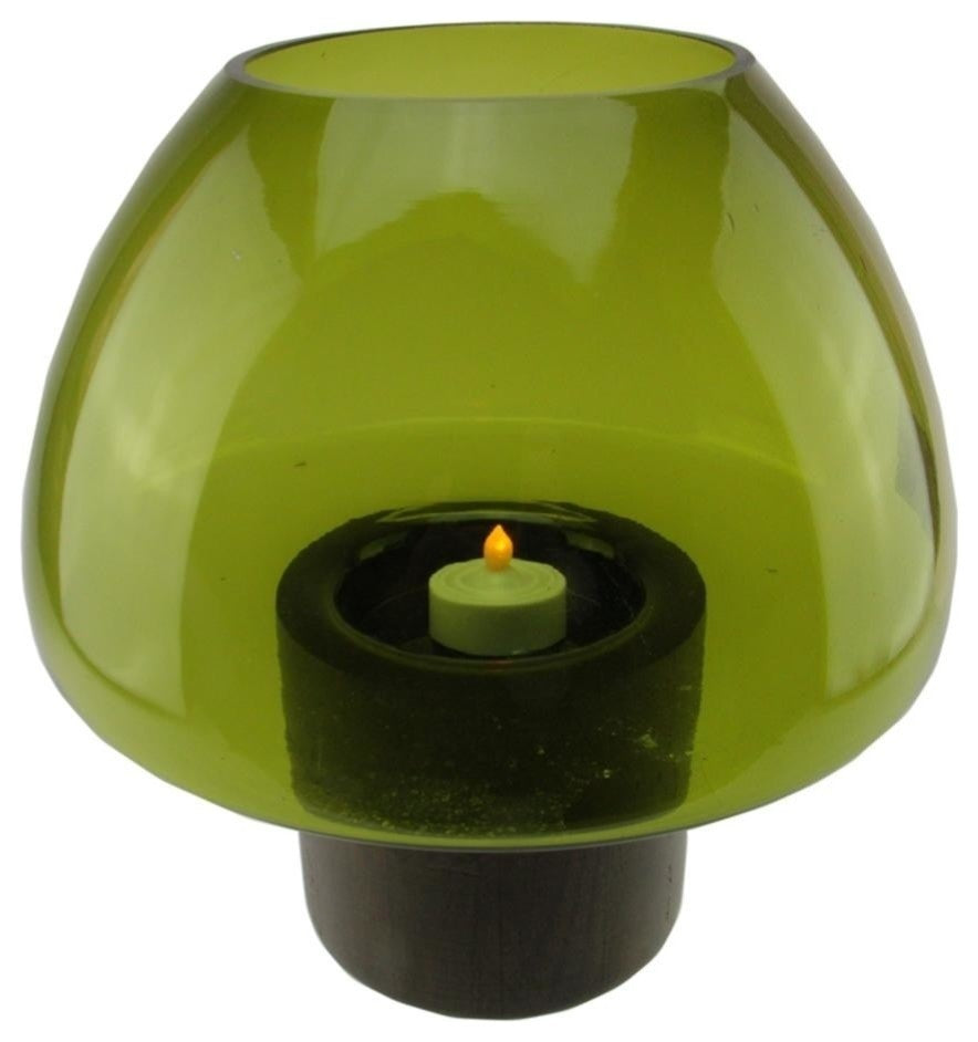 9.75" Transparent Glass Pillar Candleholder With Wooden Base, Green