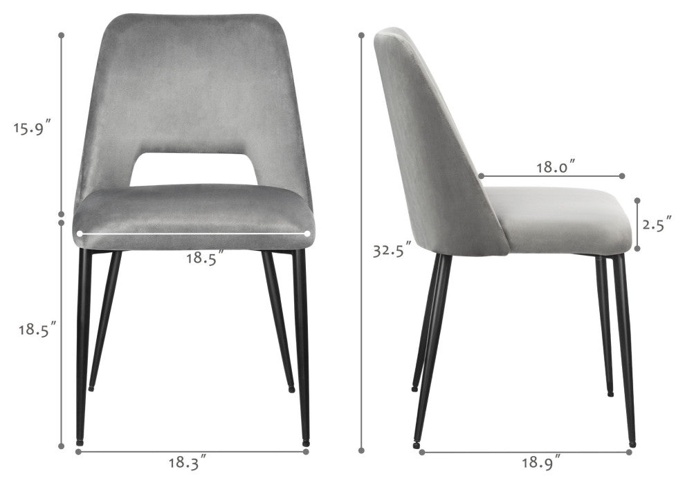 2 Pack Modern Dining Chair, Breathable Velvet Seat With Curved Open Back, Gray
