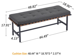 Woven Leather Bench with Cushion, Brown Grey, 48in