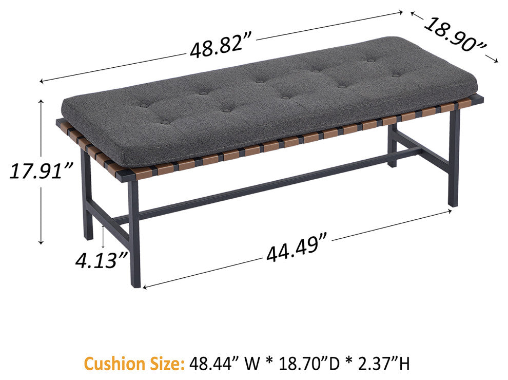 Woven Leather Bench with Cushion, Brown Grey, 48in