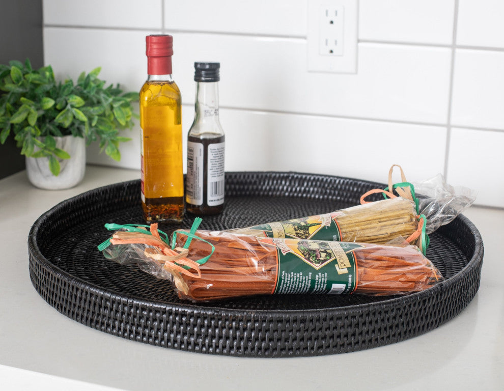 Artifacts Rattan™ Round Serving / Ottoman Tray, Tudor Black, Medium
