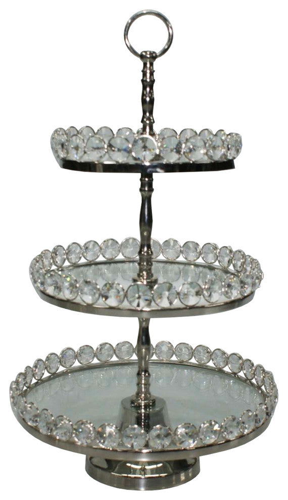 Elegance Three-Tier Glass and Nickel Plated Stand with Detachable Crystal Border