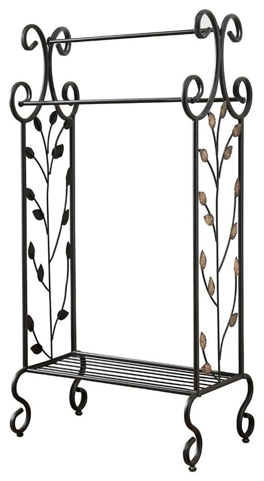 Benzara Gold Leaves Metal Towel Rack Stand With Shelf, Black