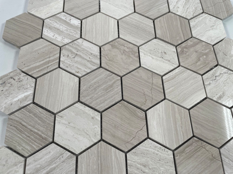 2" Hexagon Athens Silver Cream Haisa Marble Wooden Beige Tile Polished, 1 sheet