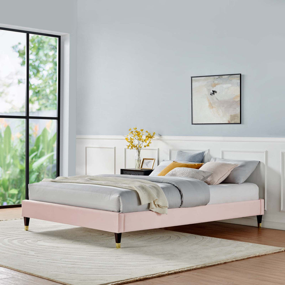 Harlow Queen Performance Velvet Platform Bed Frame-Pink
