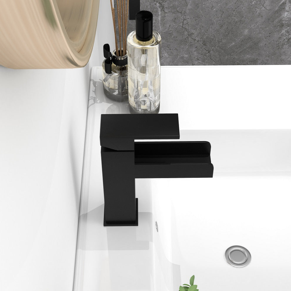 Modern Single Handle One Hole Waterfall Bathroom Sink Faucet Solid Brass, Matte Black
