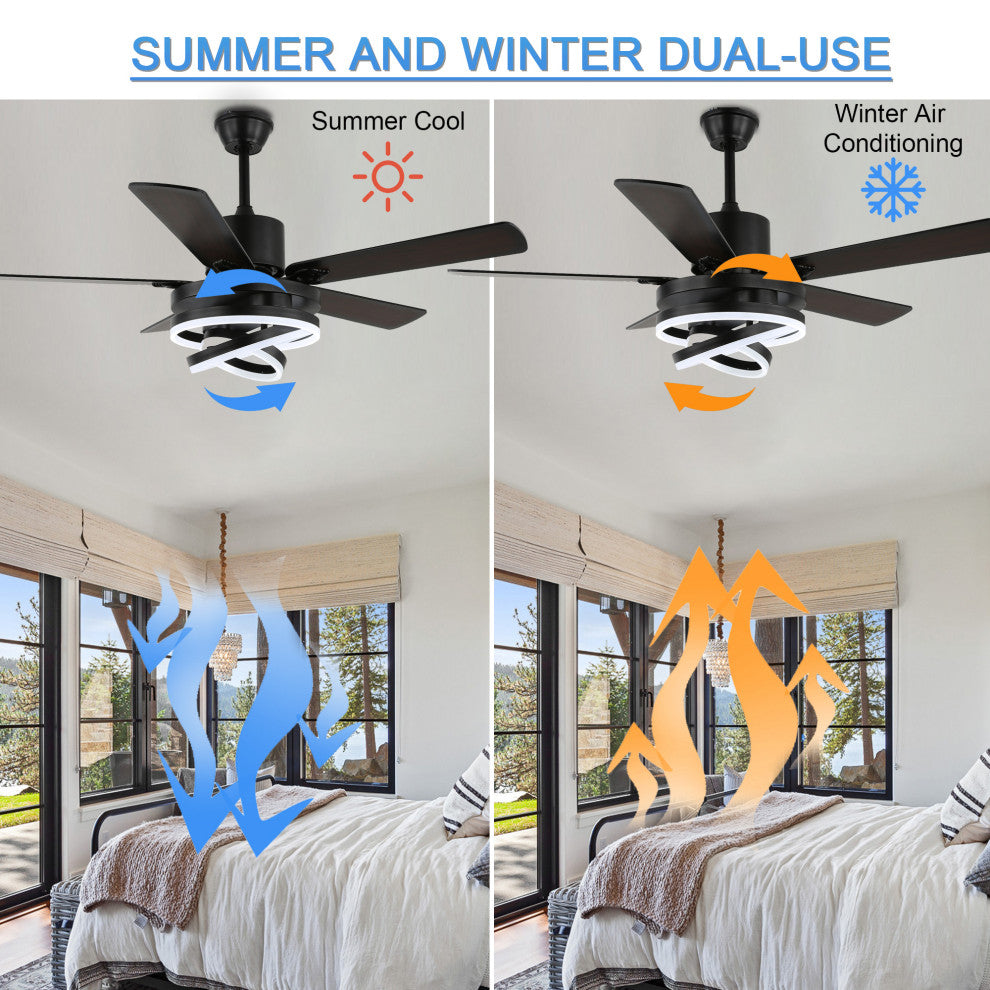 52" Modern Ceiling Fan with Dimmable Light and Remote Control, 6-Speed, Black, 52