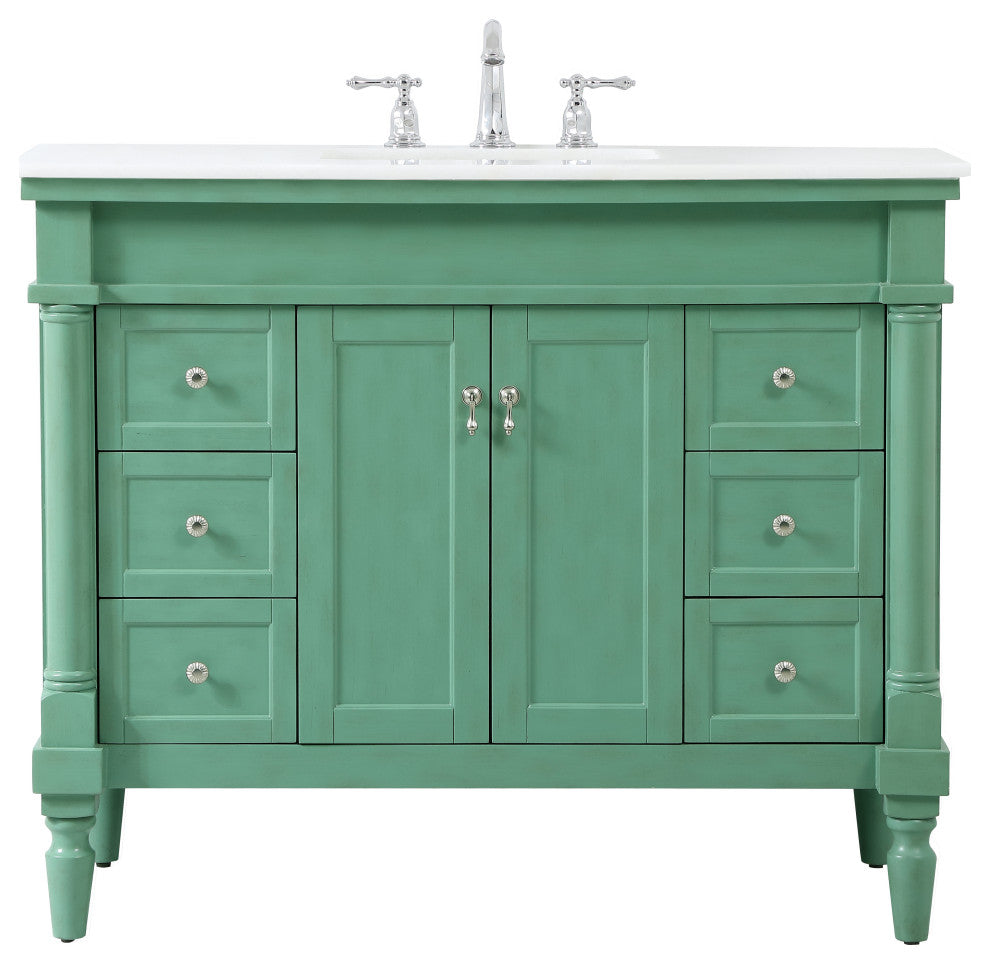 42" Single Bathroom Vanity, Vintage Mint With Ivory White Engineered Marble
