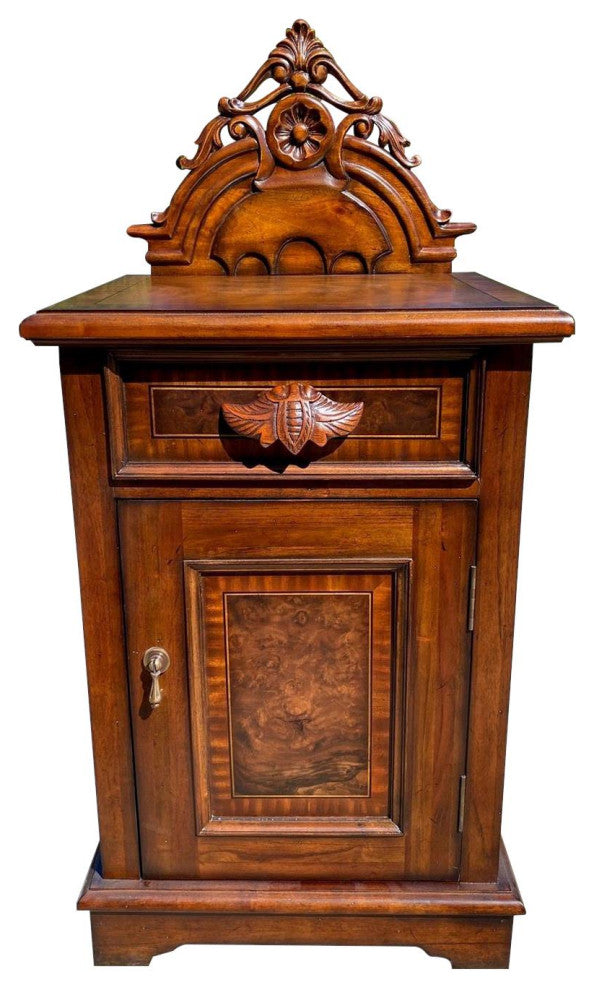 Victorian Nightstand Carved Mahogany, Burl Inlay Wood, 1-Door 1-Drawer