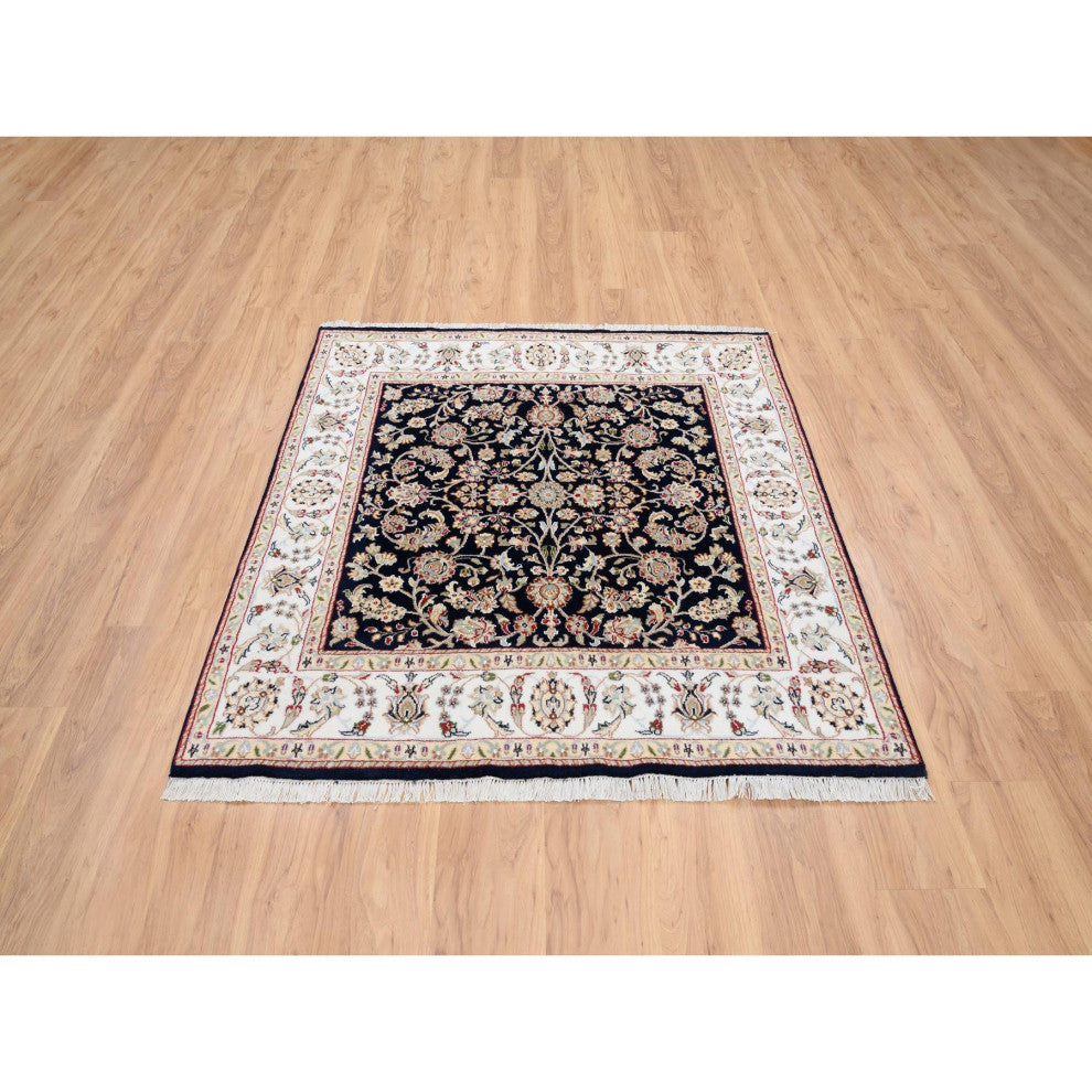 Midnight Blue Hand Knotted Nain 250 KPSI Wool and Silk Square Rug 5'0" x 5'0"