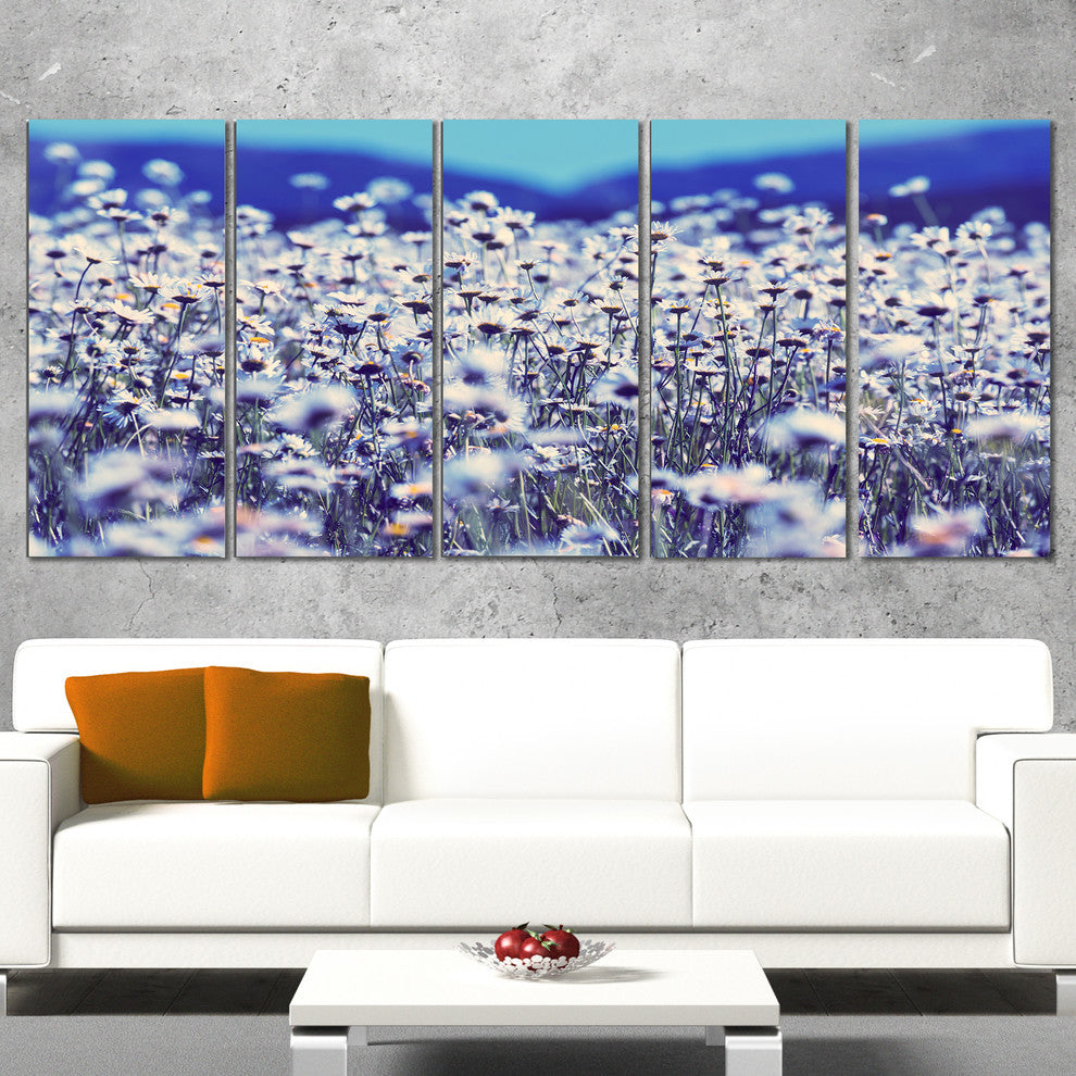 Amazing Light Blue Chamomile Blossom, Flower Canvas Print, 60"x28", 5 Panels