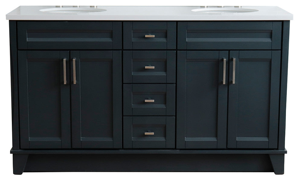 61" Double Sink Vanity, Dark Gray Finish And Engineered Stone Top And Oval Sink
