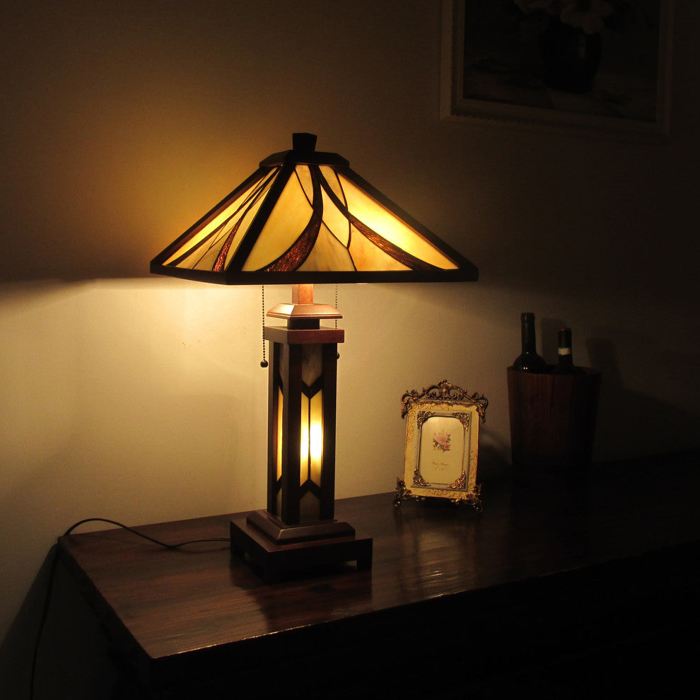 Gordon Mission 3-Light Double Lit Wooden Table Lamp 15"
