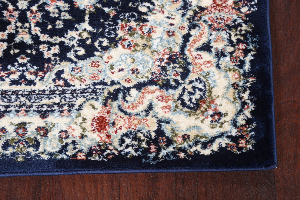Navy Blue Floral Medallion Transitional Turkish Rug Oriental Carpet 3x8