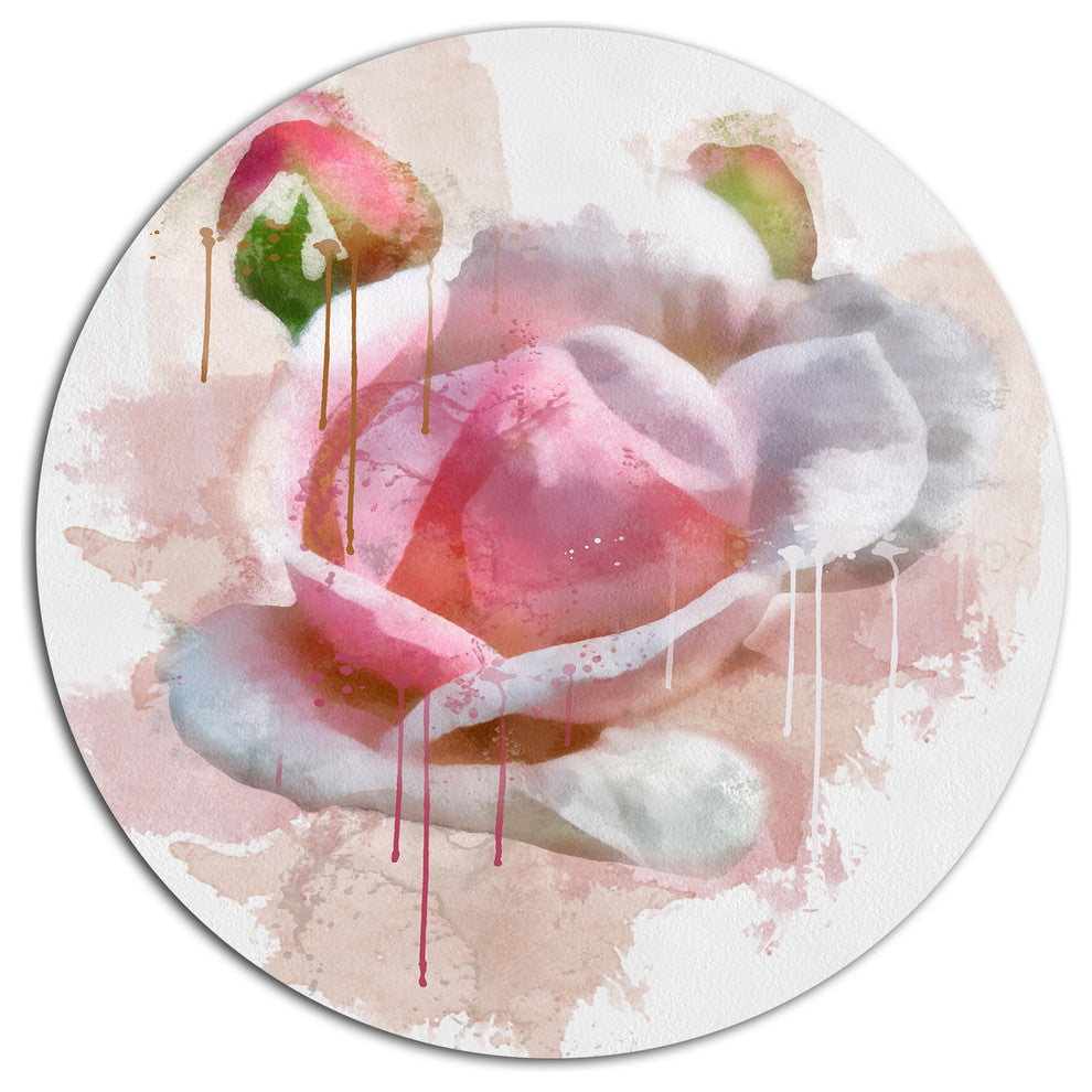 Pink Rose Flower With Paint Splashes, Floral Round Wall Art, 11"