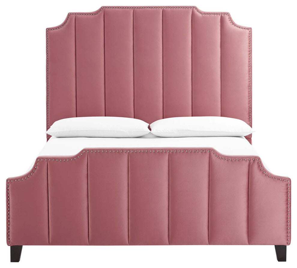 Platform Bed Frame, Queen Size, Velvet, Pink, Modern Contemporary, Bedroom