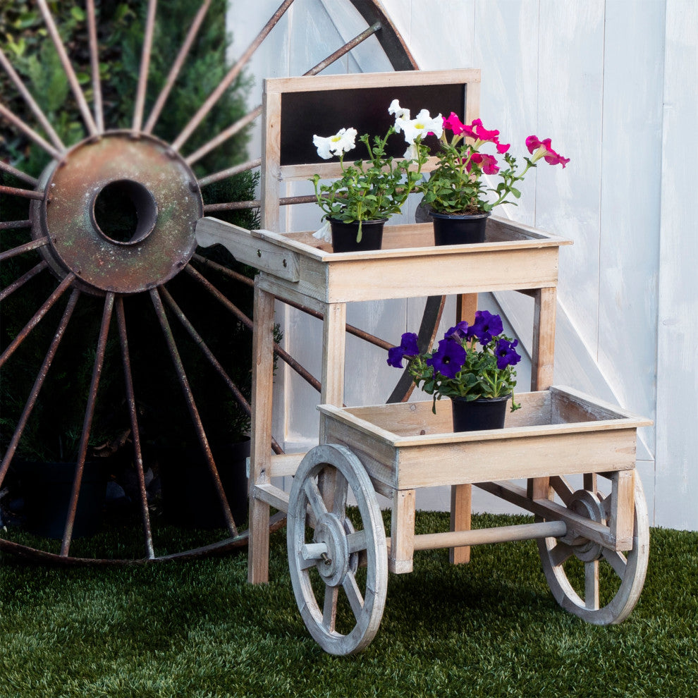 Alpine Wooden Cart Plant and Display Stand With Chalkboard, 34"Tall