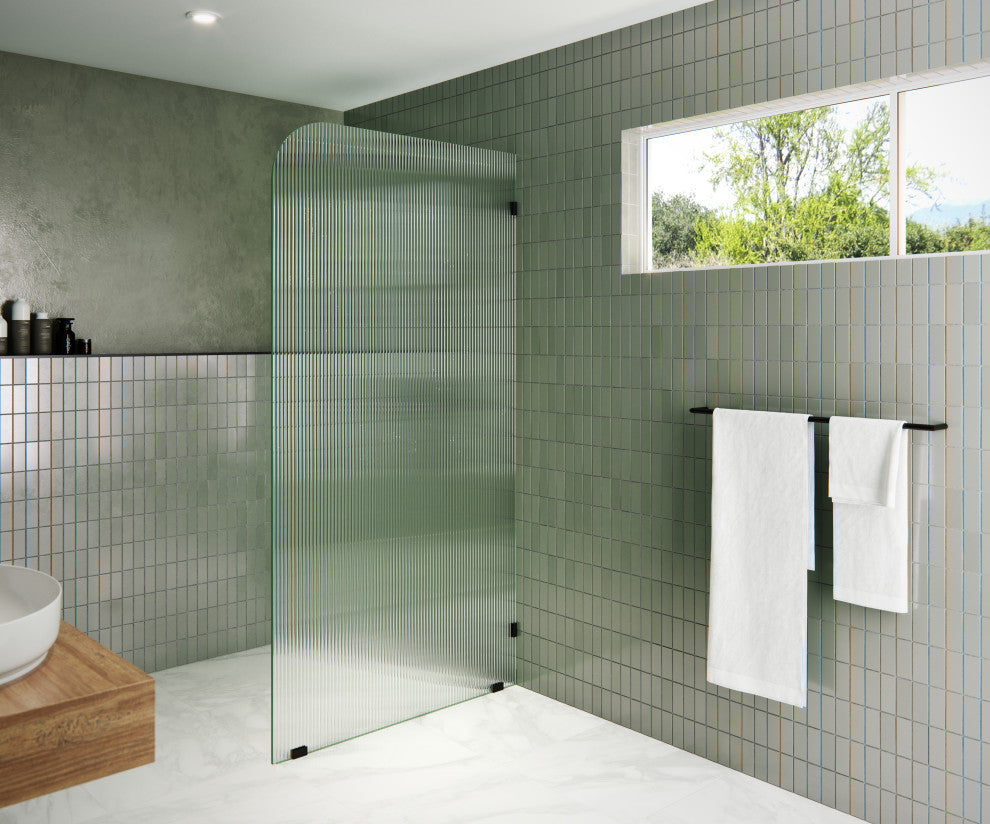 38"x78" Frameless Shower Door, Single Fixed Panel Fluted Radius, Matte Black, 38" Right