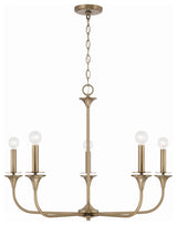 Presley Five Light Chandelier, Aged Brass