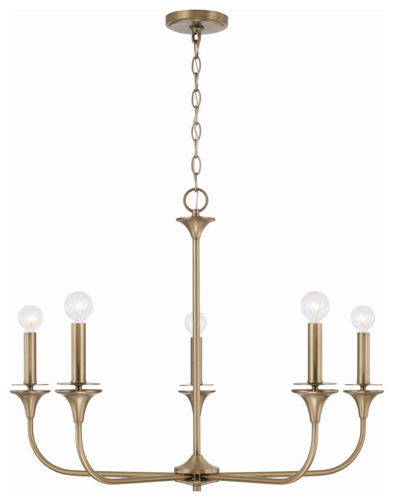 Presley Five Light Chandelier, Aged Brass