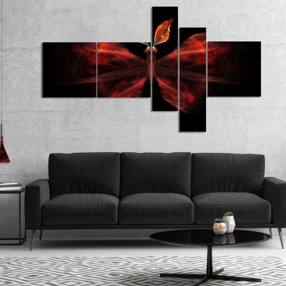 Red Fractal Butterfly in Dark, Abstract Canvas Art Print, 60"x32", 5 panels