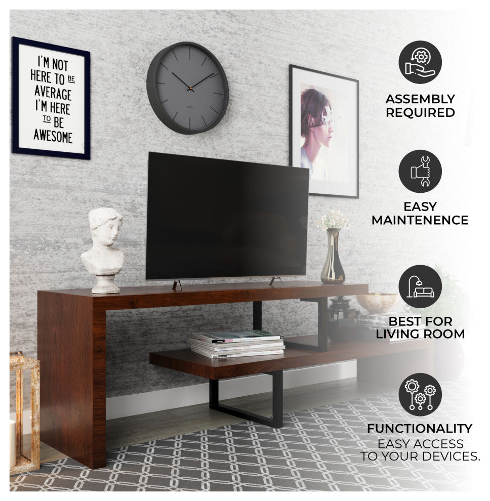 Orford Modern Open Concept Minimalist TV Stand with Iron Legs, Walnut