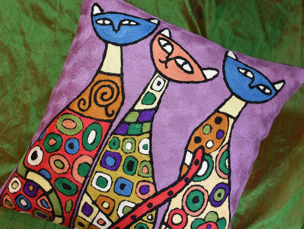 Modern Cats Purple Kitties Triplets Accent Pillow Cover Handmade Wool 18x18"