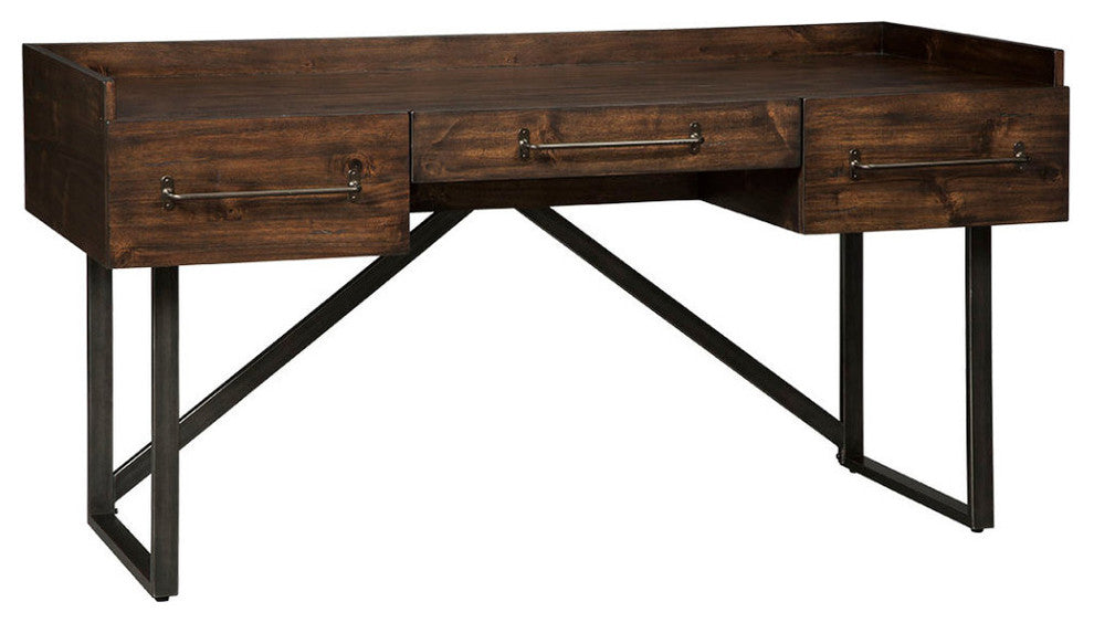 Benzara BM190078 3 Drawers Desk, Tubular Metal Base & Bar Handles, Brown & Black