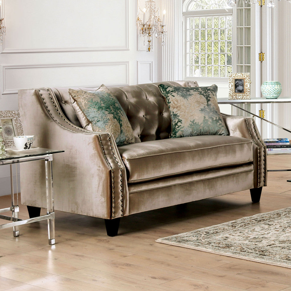Chenille And Wooden Love Seat with Bench Style Cushion Design, Champagne