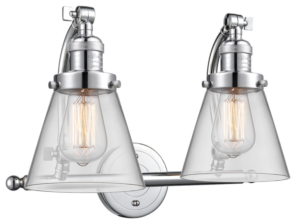 2-Light Small Cone 18" Bath Fixture, Polished Chrome, Glass: Clear