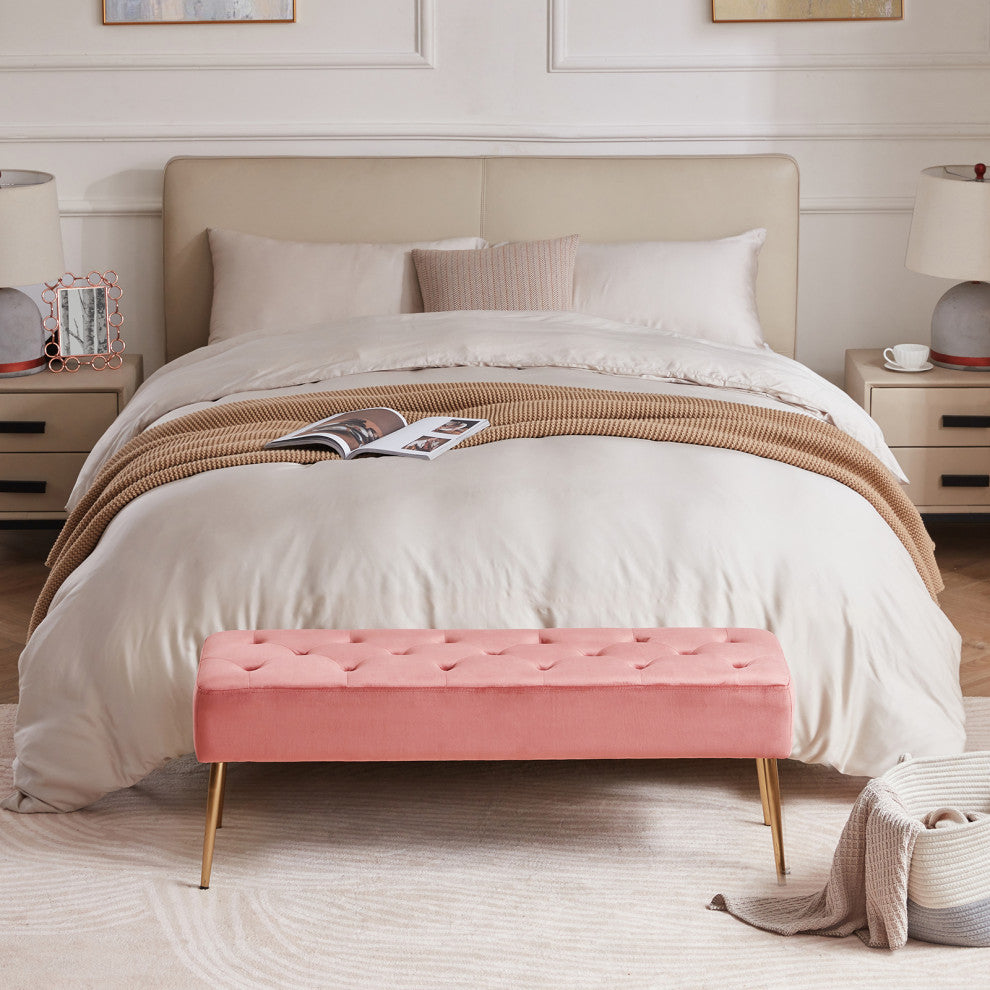Button Tufts Bedroom Bench, Pink-Velvet