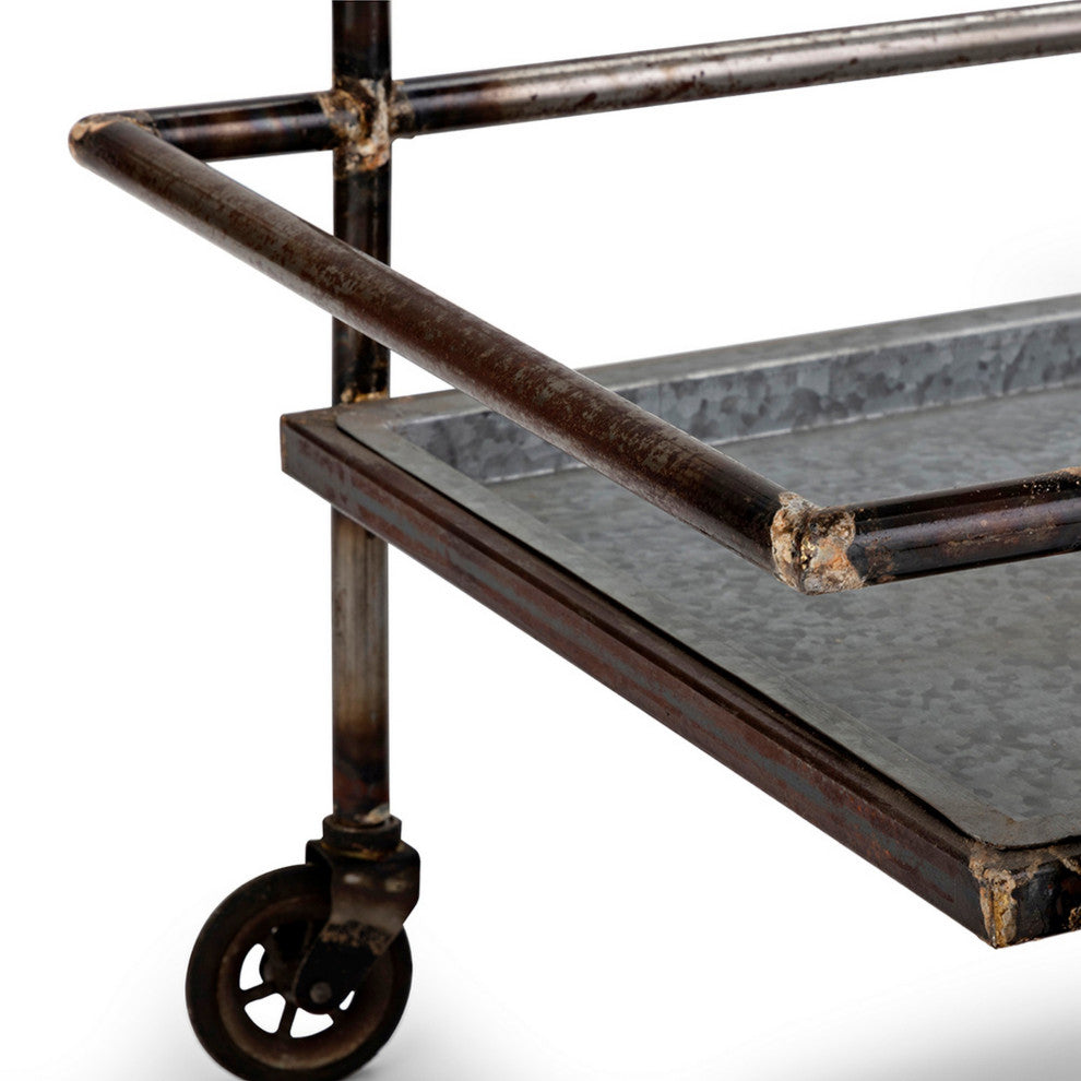 Benzara BM285029 2 Tier Bar Cart, Industrial Style, Caster Wheels, Rustic Bronze
