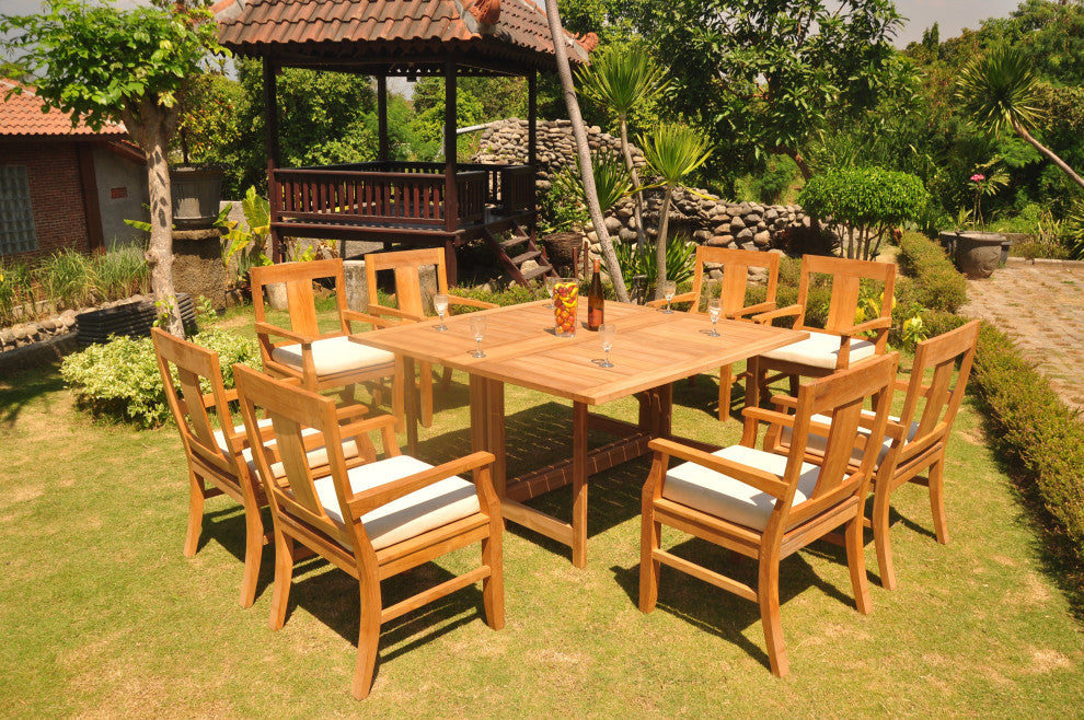 9-Piece Outdoor Teak Dining Set: 60" Square Butterfly Table, 8 Osbo Arm Chairs