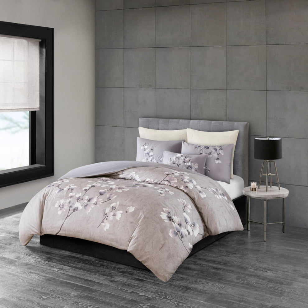 N Natori Sakura Blossom 3 Piece Cotton Sateen Printed Comforter Set, Lilac
