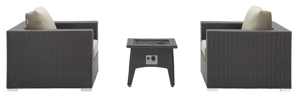 Outdoor Patio Lounge Chair and Table Fire Pit Set, Fabric Rattan Wicker, Beige