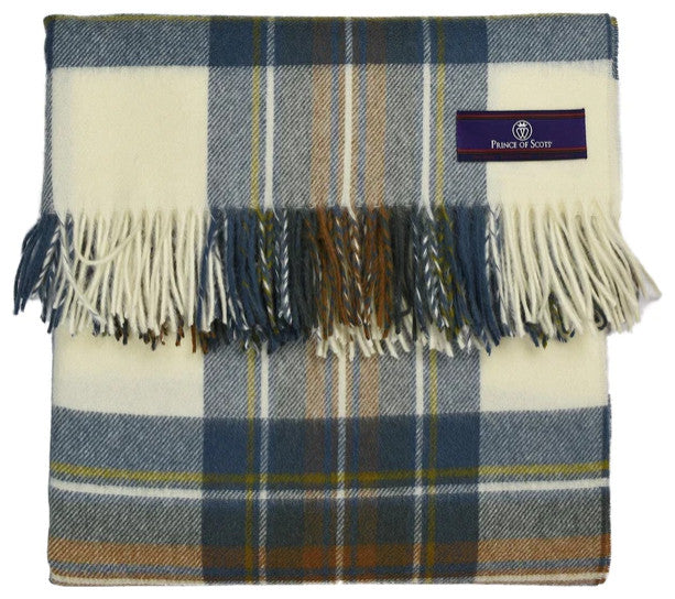 Prince of Scots Highland Tartan Tweed Merino Wool Throw, Muted Blue Stewart