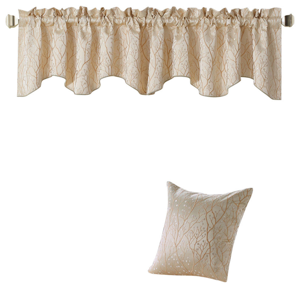 Branch Jacquard Valance and Pillow Shell Sets , Oatmeal, 20" X 20" / 56" X 19"